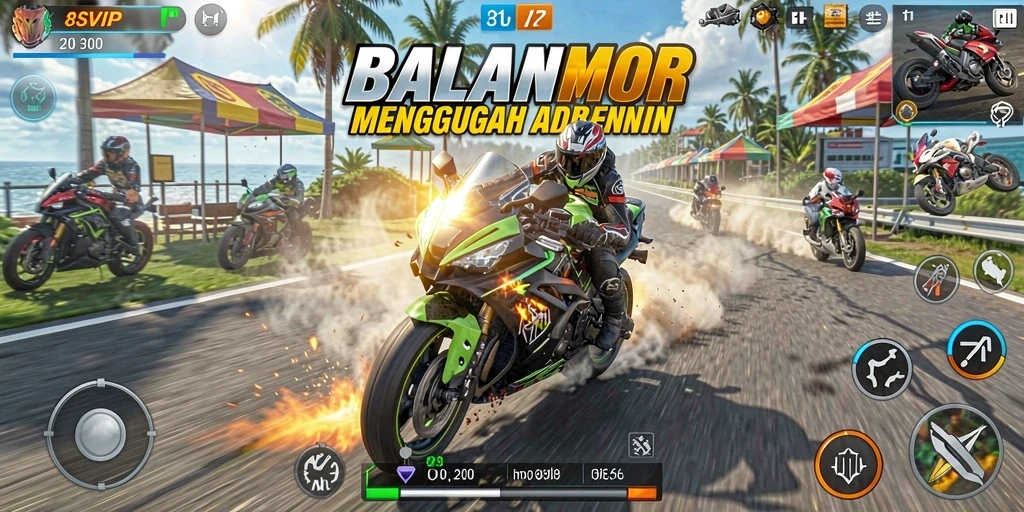 Gameplay seru balapan motor di 8SVIP dengan grafis menakjubkan.