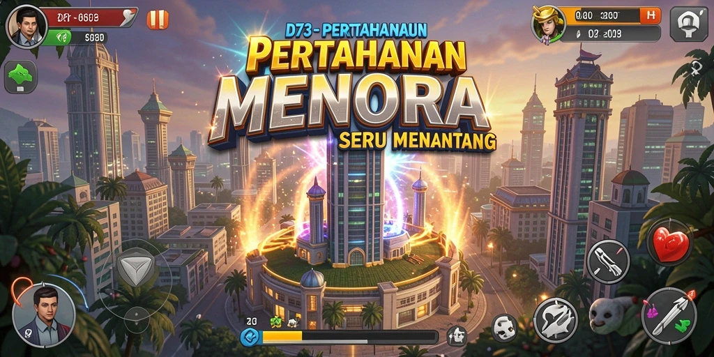 Screenshot gameplay D73 menampilkan aksi menakjubkan dalam strategi Tower Defense.