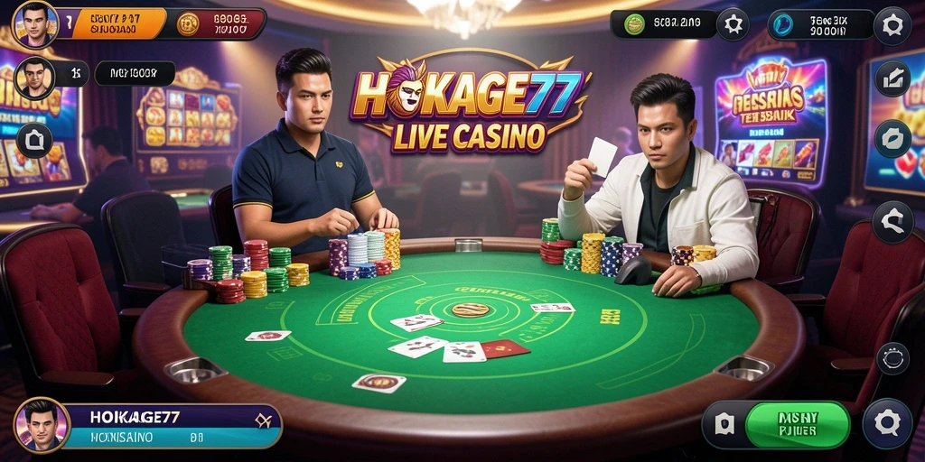 Tangkapan layar permainan Live Casino HOKAGE77 yang menunjukkan dealer dan meja permainan.