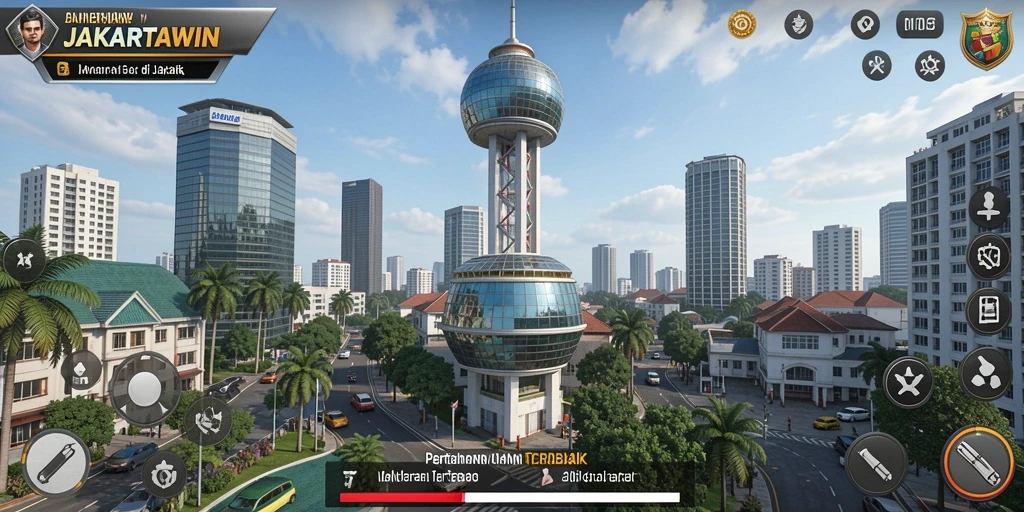 Screenshot JAKARTAWIN yang memperlihatkan strategi menara pertahanan dalam aksi.