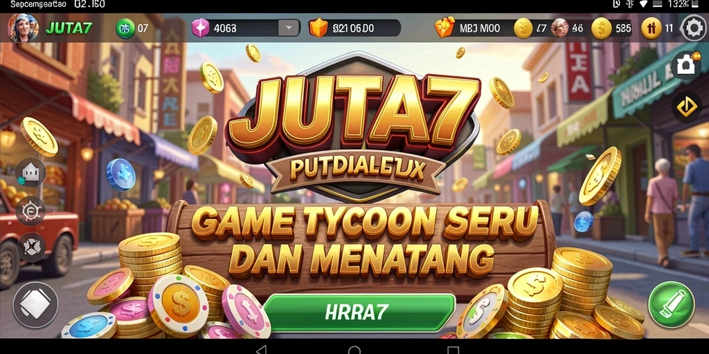 Screenshot utama JUTA7 yang menunjukkan gameplay mengelola bisnis Tycoon.