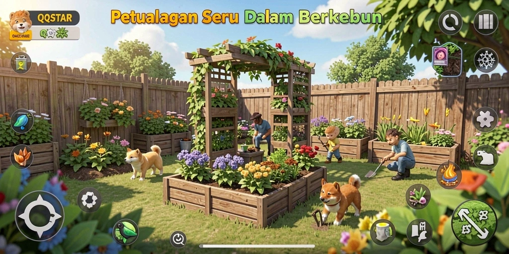 Screenshot gameplay QQSTAR menampilkan aktivitas berkebun yang seru.