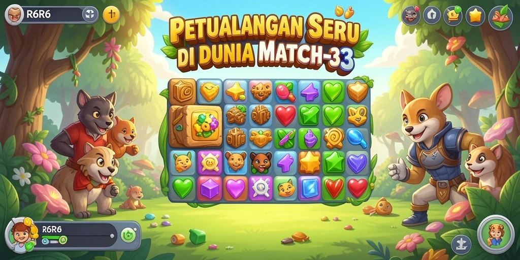 Tangkapan layar utama R6R6 menampilkan gameplay match-3 yang seru dan penuh warna.