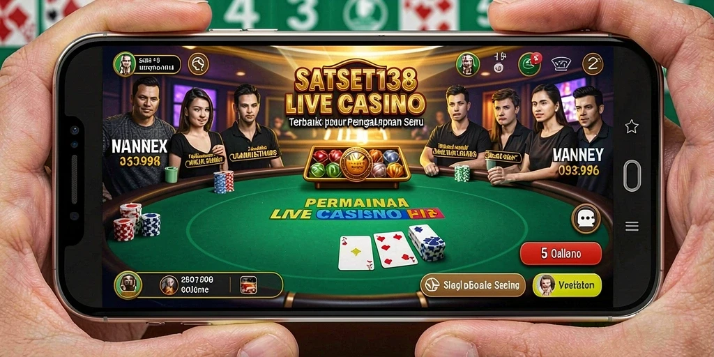 Tangkapan layar SATSET138 menampilkan dealer profesional dan gameplay Live Casino yang seru.