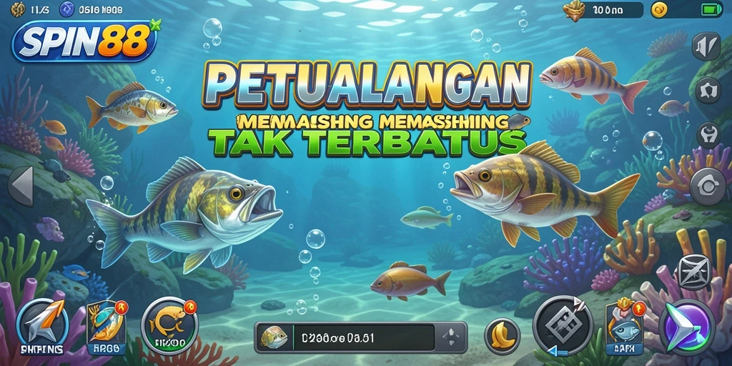 Screenshot utama SPIN88 menampilkan aksi seru memancing di lautan luas.