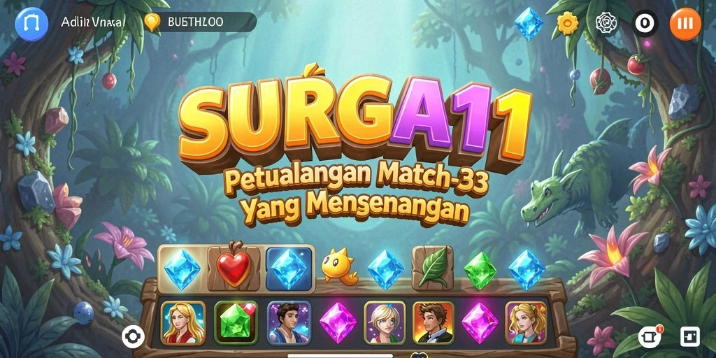 Screenshot gameplay SURGA11 menampilkan serunya permainan Match-3 yang penuh warna.