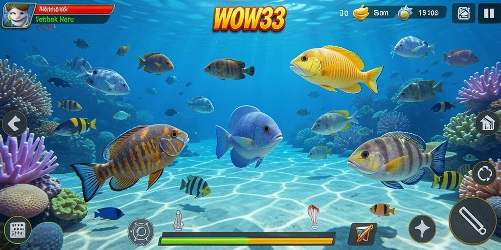 Screenshot utama game WOW33 menampilkan aksi tembak ikan yang seru.
